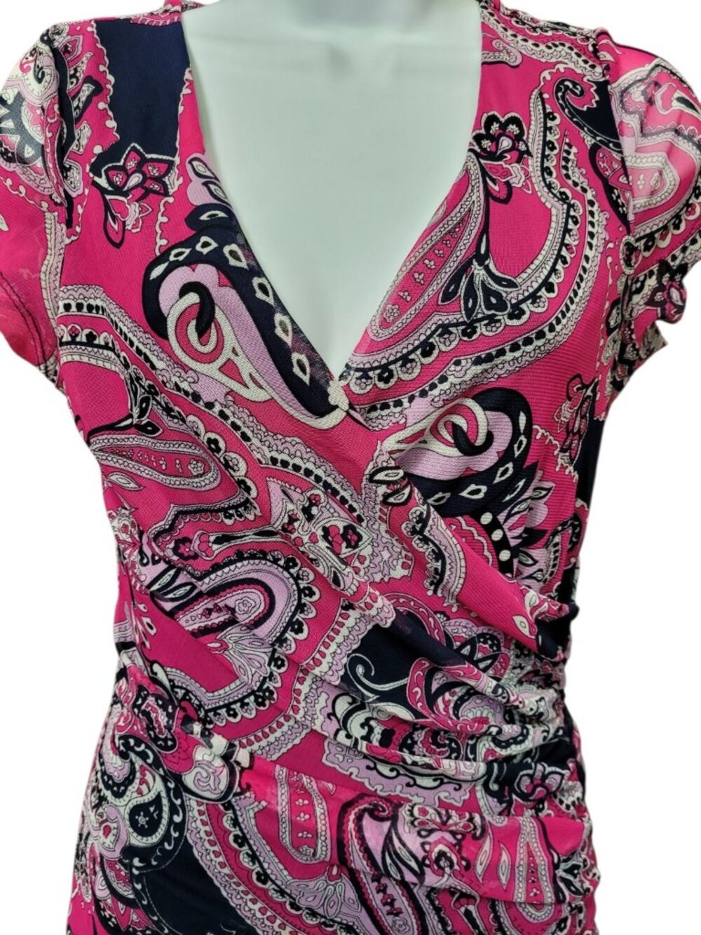 Y2k Babydoll Blouse Top Womens M Pink Paisley Ruched V Neck Faux Wrap Fairy